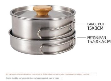 Outdoor hiking 304 stainless steel pot folding handle camping portable frying pan soup pot home picnic cookware set