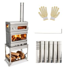 Wood Burning Stove with Oven and Rack - Camping Tent Stove with Chimney Pipe, Stainless Steel Hot Tent Stove for Outdoor, Cooking, Hiking