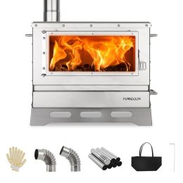 Hot Tent Stove Wood Burning with Chimney Pipe, Portable Folding Tent Wood Stoves include View Glass & Carry Bag for Outdoor Heating, Cooking, Hun