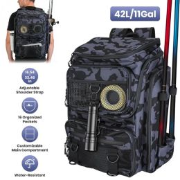 42L&11Gal Fishing Backpack Large Capacity Fishing Tackle Storage Bag With Rod Holders 16-Pocket Water-Resistant With Divider Adjustable Padded St (Option: Camouflage)